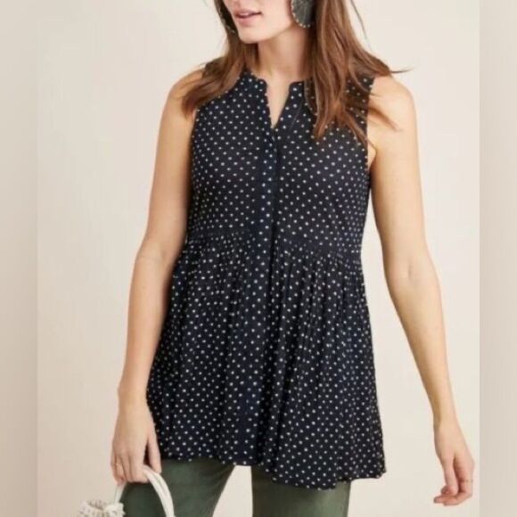 Anthropologie Nia Polka Dot Sleeveless Tunic Top Womens M Babydoll Blouse Preppy - Picture 5 of 7